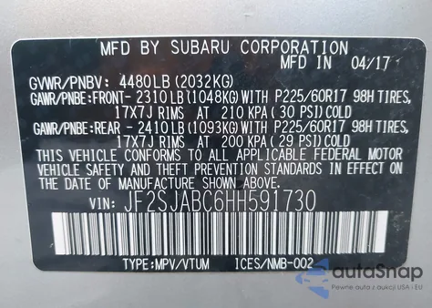 2017 Subaru Forester 2.5I из США, поврежденный, VIN JF2SJABC6HH591730